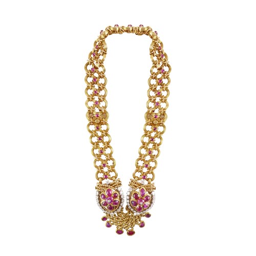 Gold, ruby and diamond collar chain necklace by Marchak, Paris, converting to form two bracelets,